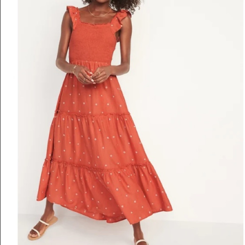 Fit & Flare Smocked Embroidered Midi Dress